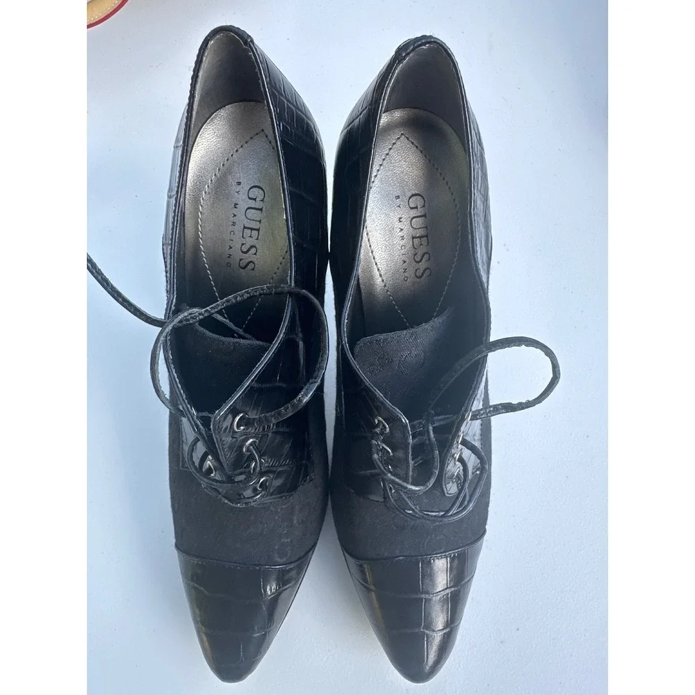 Guess by‎ Marciano Womens Black Croc Embossed Monogram Lace Up Shooties Heels 7M